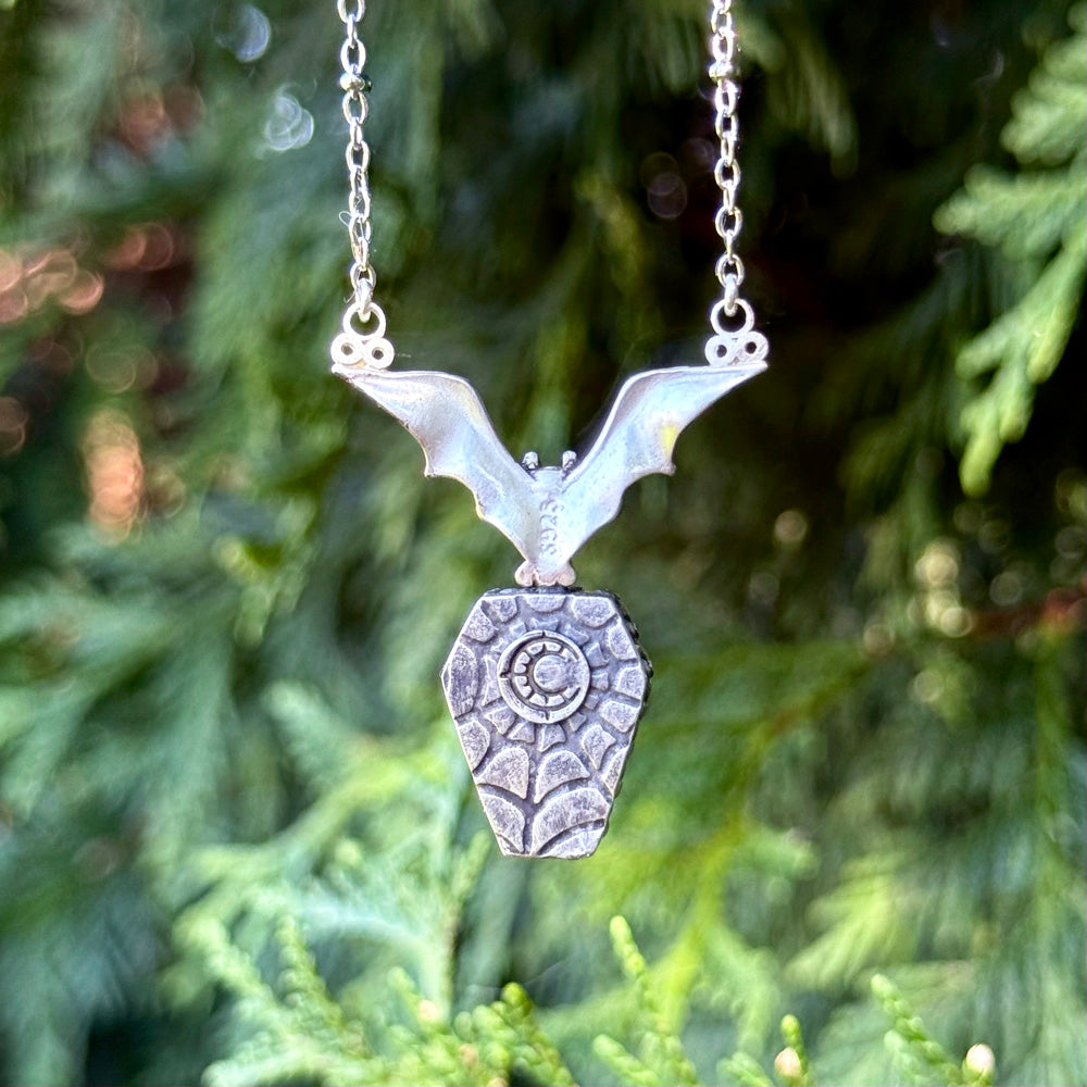 Eternal Nocturne Bat Aurora Opal Coffin Pendant Necklace