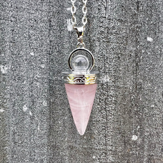 Rose Quartz Cone Wand Pendulum Pendant Necklace CP-005-C