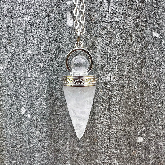 Clear Quartz Cone Wand Pendulum Pendant Necklace CP-005-E