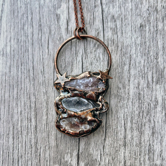 Triple Occo Agate Geode Antiqued Copper Pendant Necklace EP-028-E