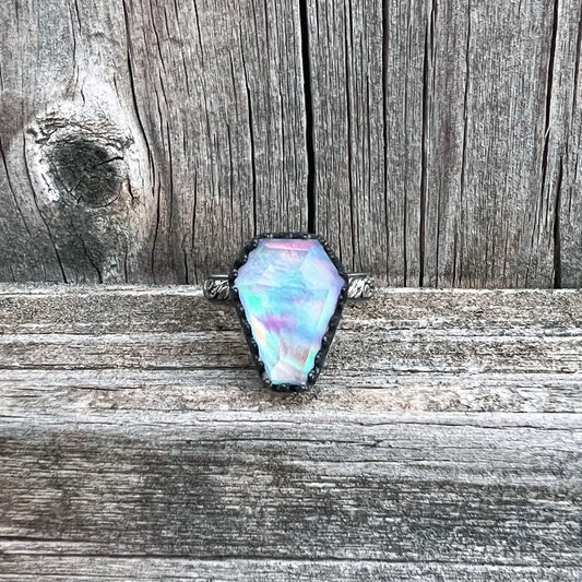 Aurora Opal Faceted Coffin Sterling Silver Ring US 8.5 CG-2023-F