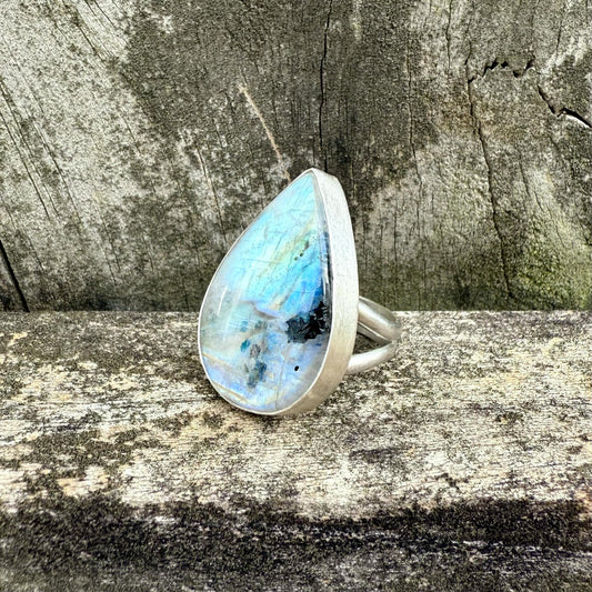 Rainbow Moonstone Teardrop Ring
