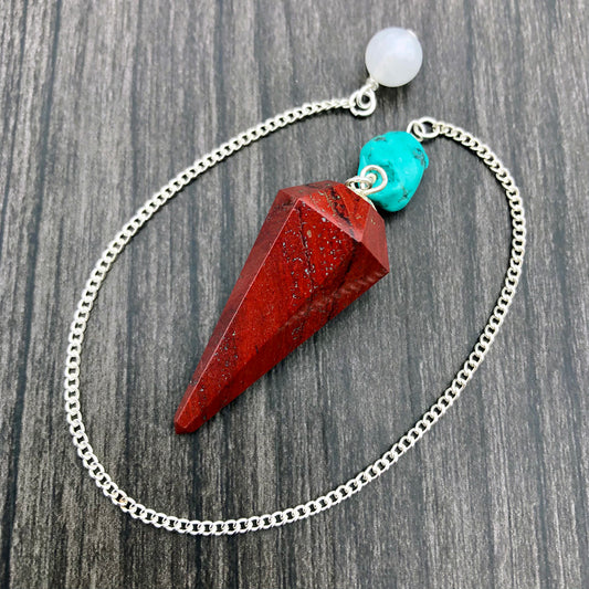 Red Jasper, Turquoise and Snow Quartz Faceted Pendulum GP-042