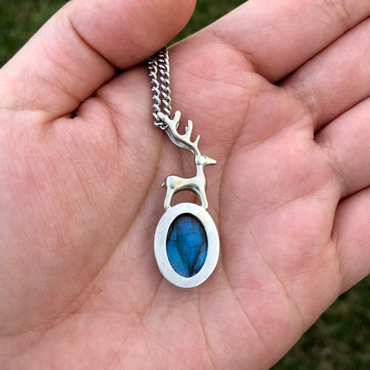 The Giving Spirit Stag Reindeer Labradorite Sterling Silver Pendant Necklace