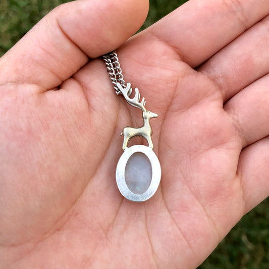The Giving Spirit Stag Reindeer Rainbow Moonstone Sterling Silver Pendant Necklace