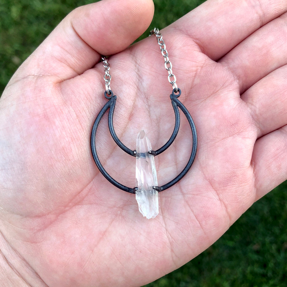Crescent Moon Lemurian Seed Quartz Pendant Necklace A