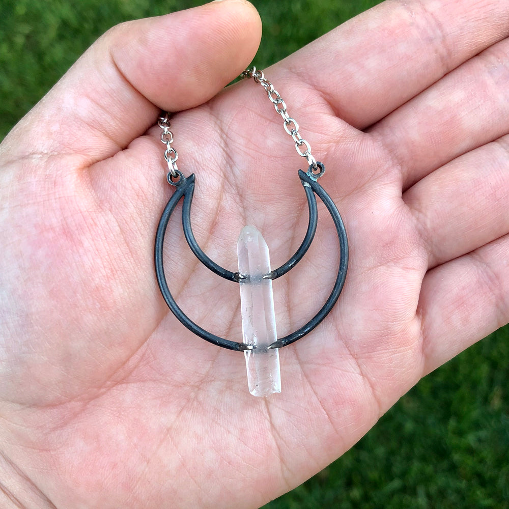 Crescent Moon Lemurian Seed Quartz Pendant Necklace B