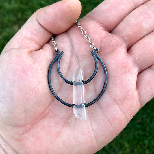 Crescent Moon Lemurian Seed Quartz Pendant Necklace C