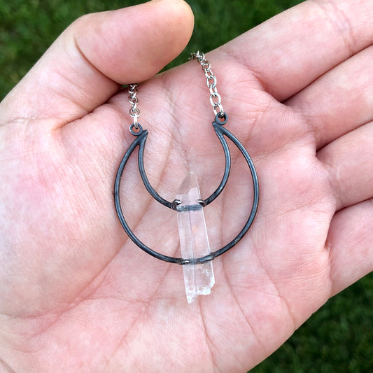 Crescent Moon Lemurian Seed Quartz Pendant Necklace D