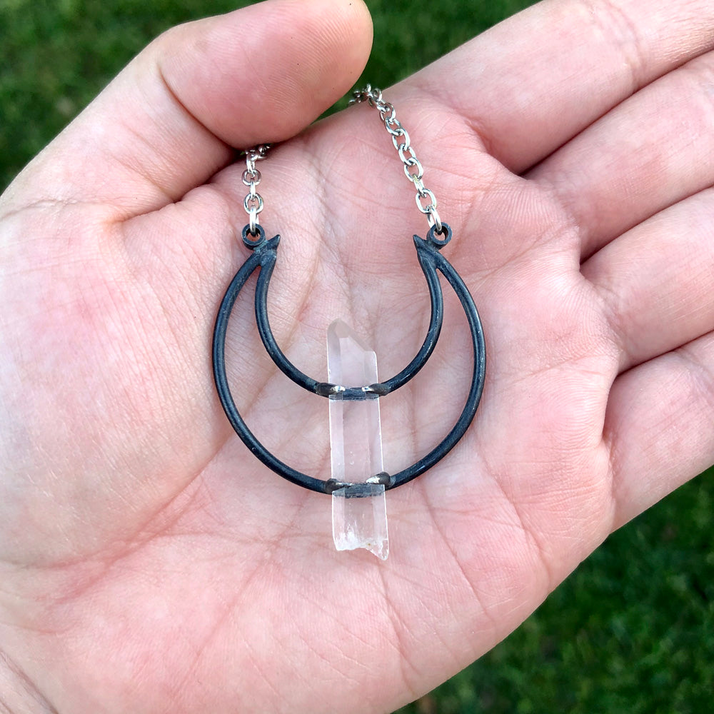 Crescent Moon Lemurian Seed Quartz Pendant Necklace E