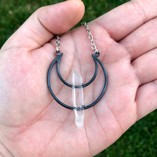Crescent Moon Lemurian Seed Quartz Pendant Necklace F