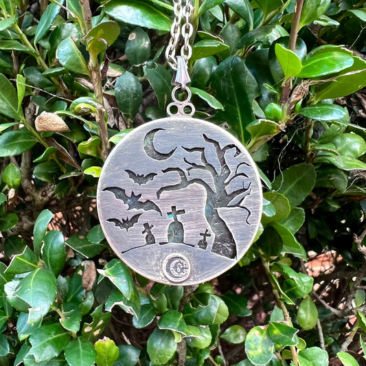 Graveyard Hangin' Bat Sterling Silver Pendant Necklace