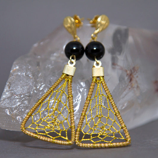 Black Onyx Triangular Dreamcatcher Golden Grass Earrings GG-009