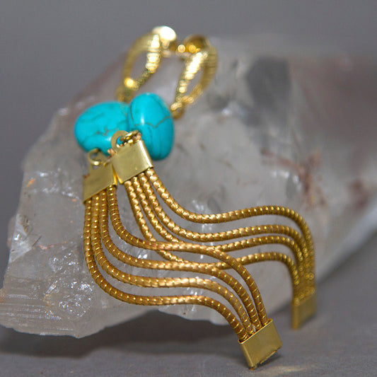 Blue Turquoise Cascading Waves Golden Grass Earrings GG-012