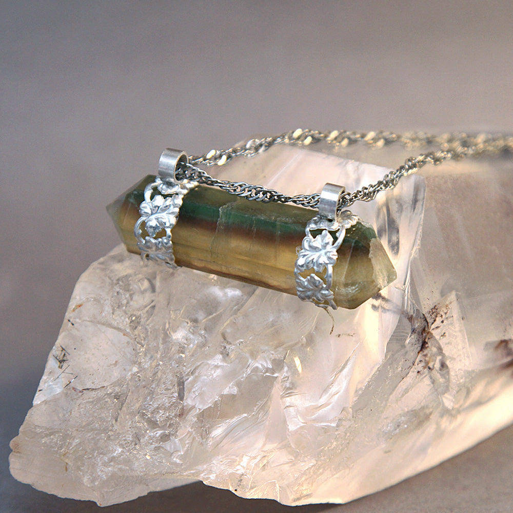 Rainbow Fluorite Point Tropical Lei Pendant Necklace