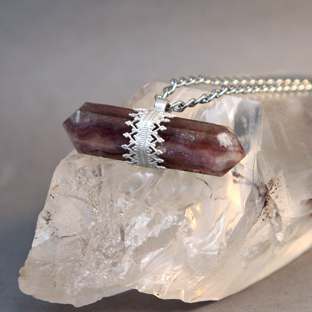 Rainbow Fluorite Point Queen of Hearts Pendant Necklace