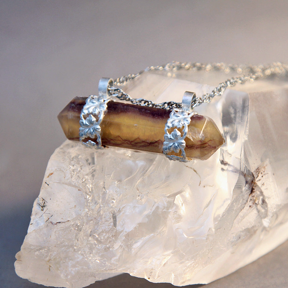Rainbow Fluorite Point Hibiscus Lei Pendant Necklace