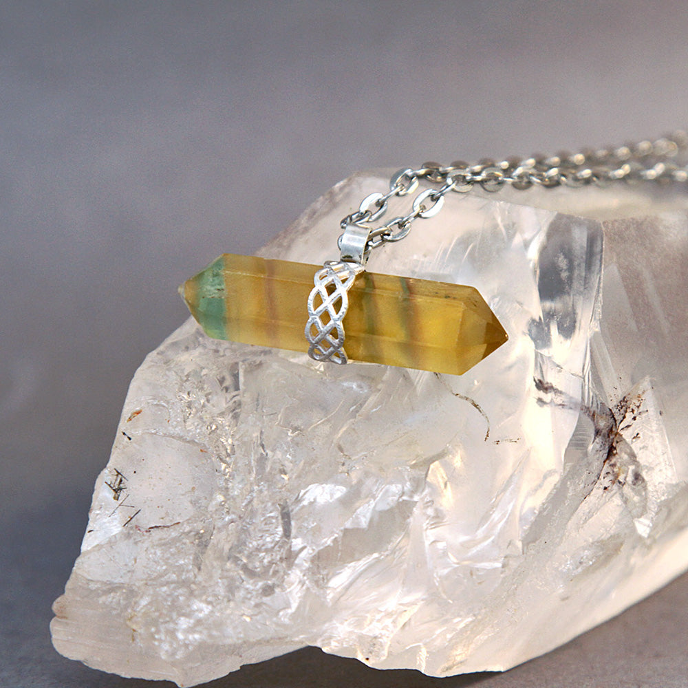Rainbow Fluorite Point Celtic Knot Pendant Necklace
