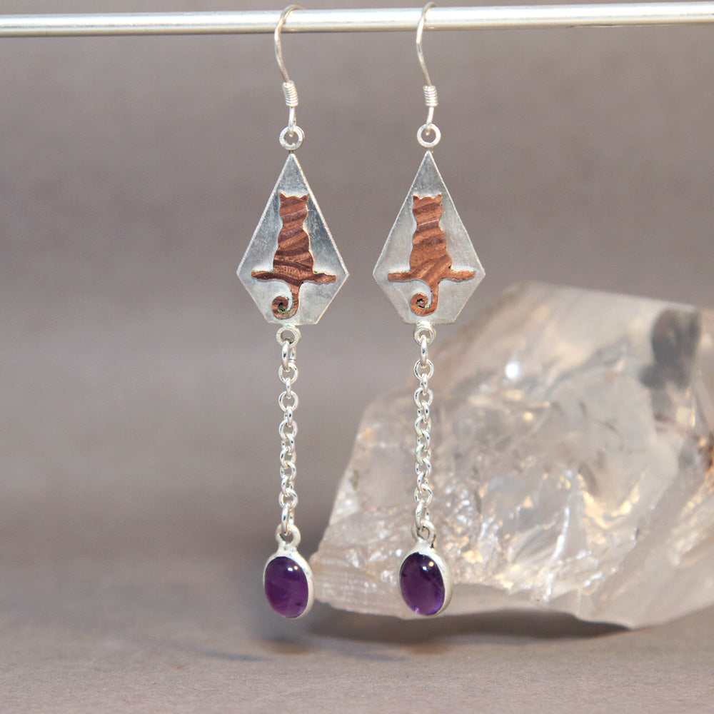 Cat on Branch Amethyst Earrings