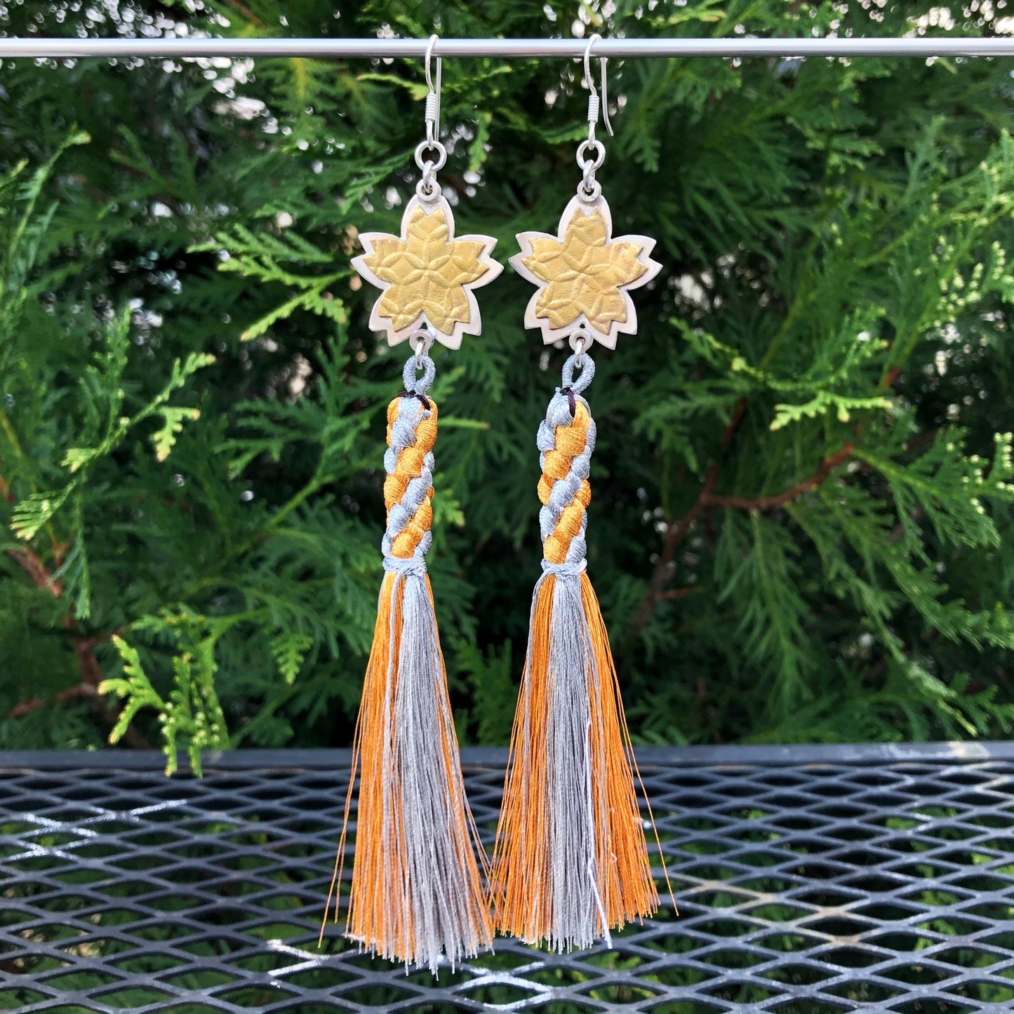 Sakura Blossom Gold and Silver Tassel Earrings