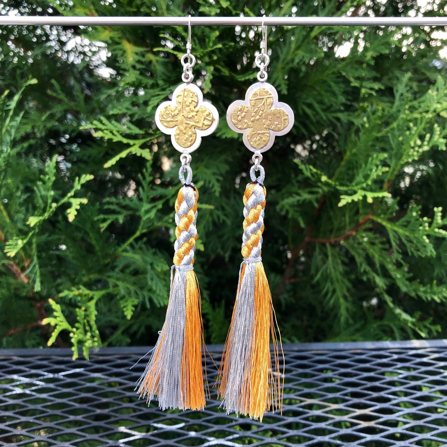 Quattrefoil Gothic Gold and Silver Tassel Earrings