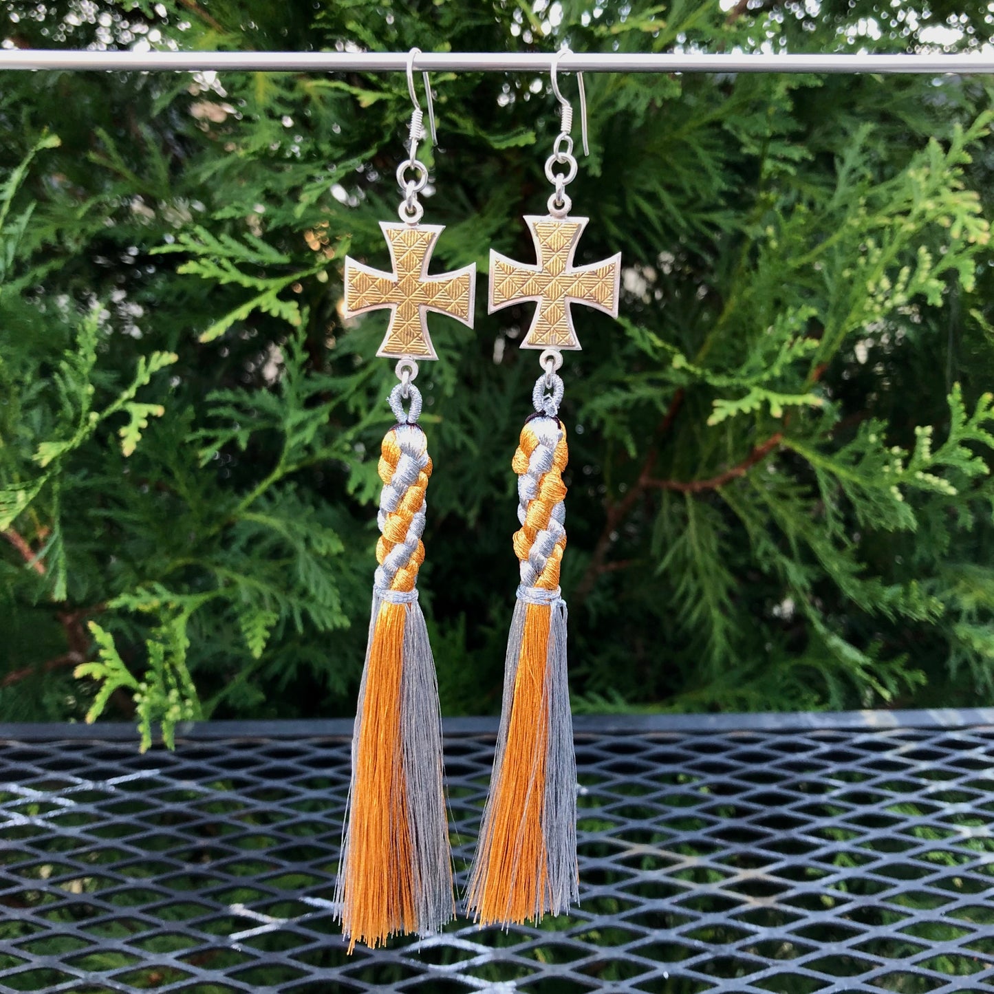 Iron Cross Gold and Silver Tassel Earrings