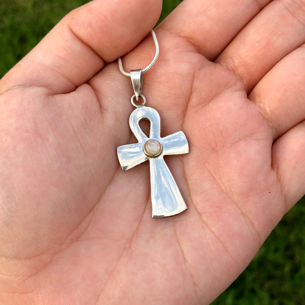 Rainbow Moonstone Ankh Sterling Silver Pendant SP-012-RM