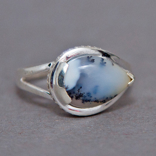 Dendritic Opal Teardrop Unique Sterling Silver Ring US 9 SS-051