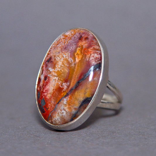 Crazy Lace Agate Large Oval Classic Sterling Silver Ring US 8 SS-053