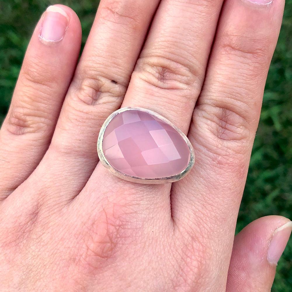 Rose Quartz Checkerboard Egg Sterling Silver Ring US 7 SS-082