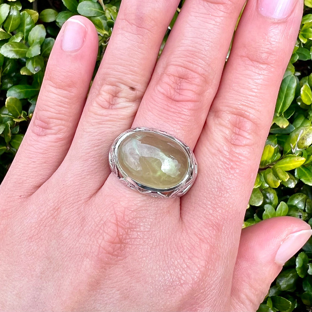Prehnite Oval Waves Sterling Silver Ring US 9 SS-110