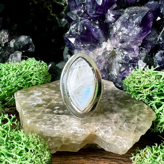 Rainbow Moonstone Marquise Edge Sterling Silver Ring US 6 SS-127
