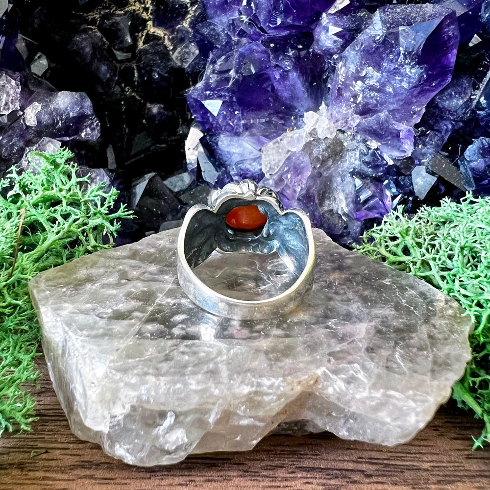 Carnelian Faceted Round Floral Sterling Silver Ring US 6 SS-132