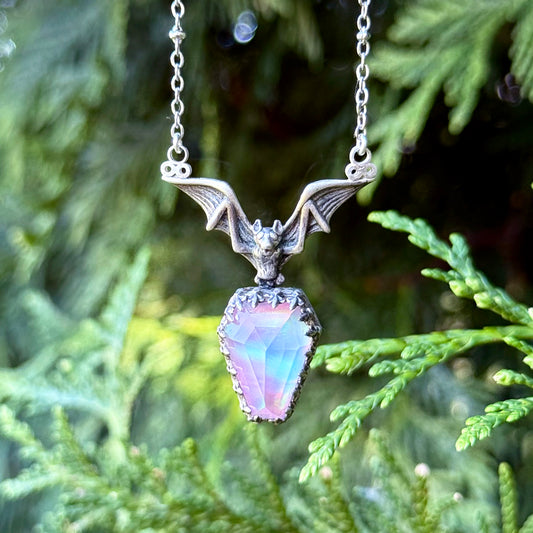Eternal Nocturne Bat Aurora Opal Coffin Pendant Necklace