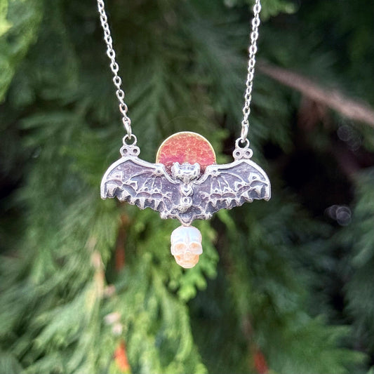 Midnight Mortis Bat Pearl Skull Pendant Necklace
