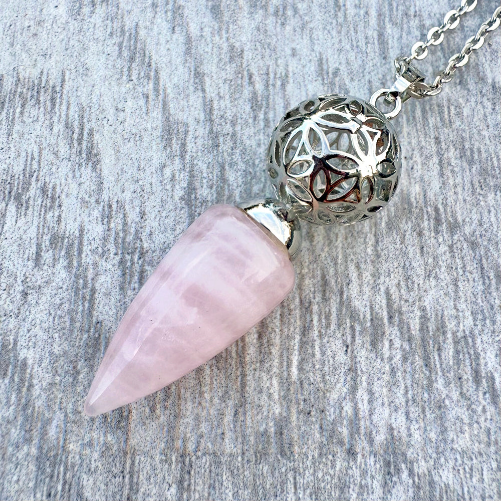 Rose Quartz Flower Filigree Pendulum Pendant Necklace CP-007-C