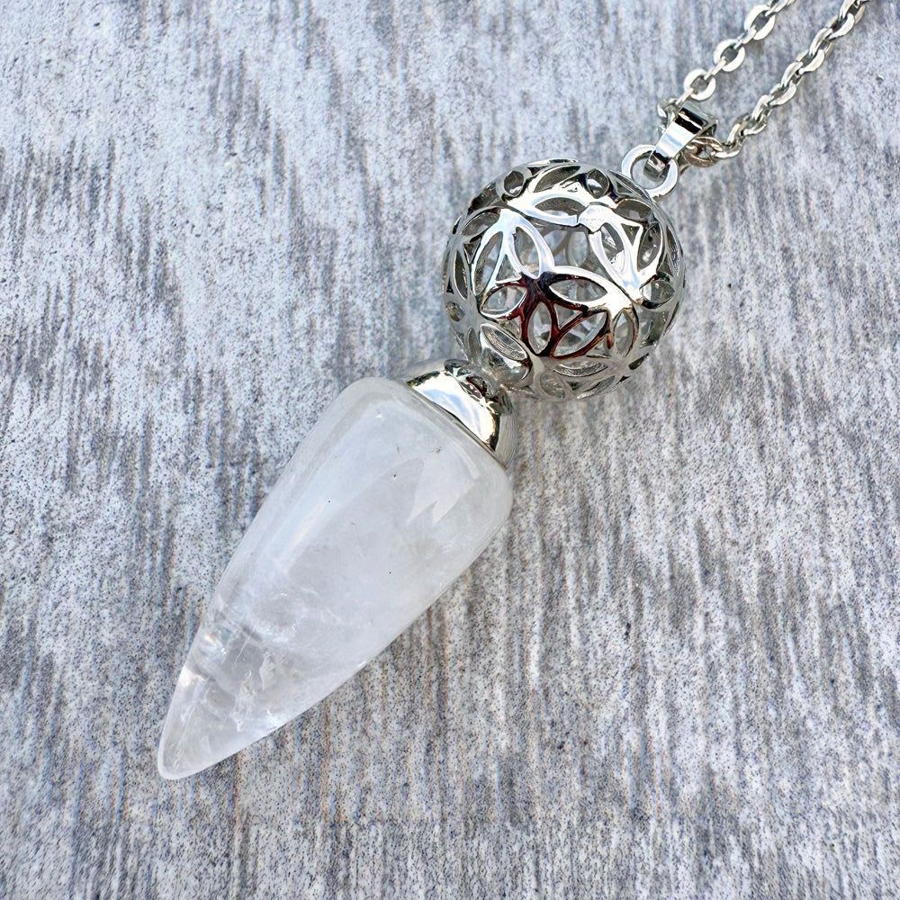 Clear Quartz Flower Filigree Pendulum Pendant Necklace CP-007-E