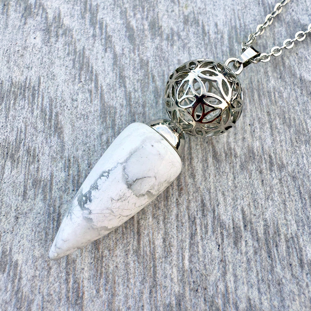 White Howlite Flower Filigree Pendulum Pendant Necklace CP-007-H