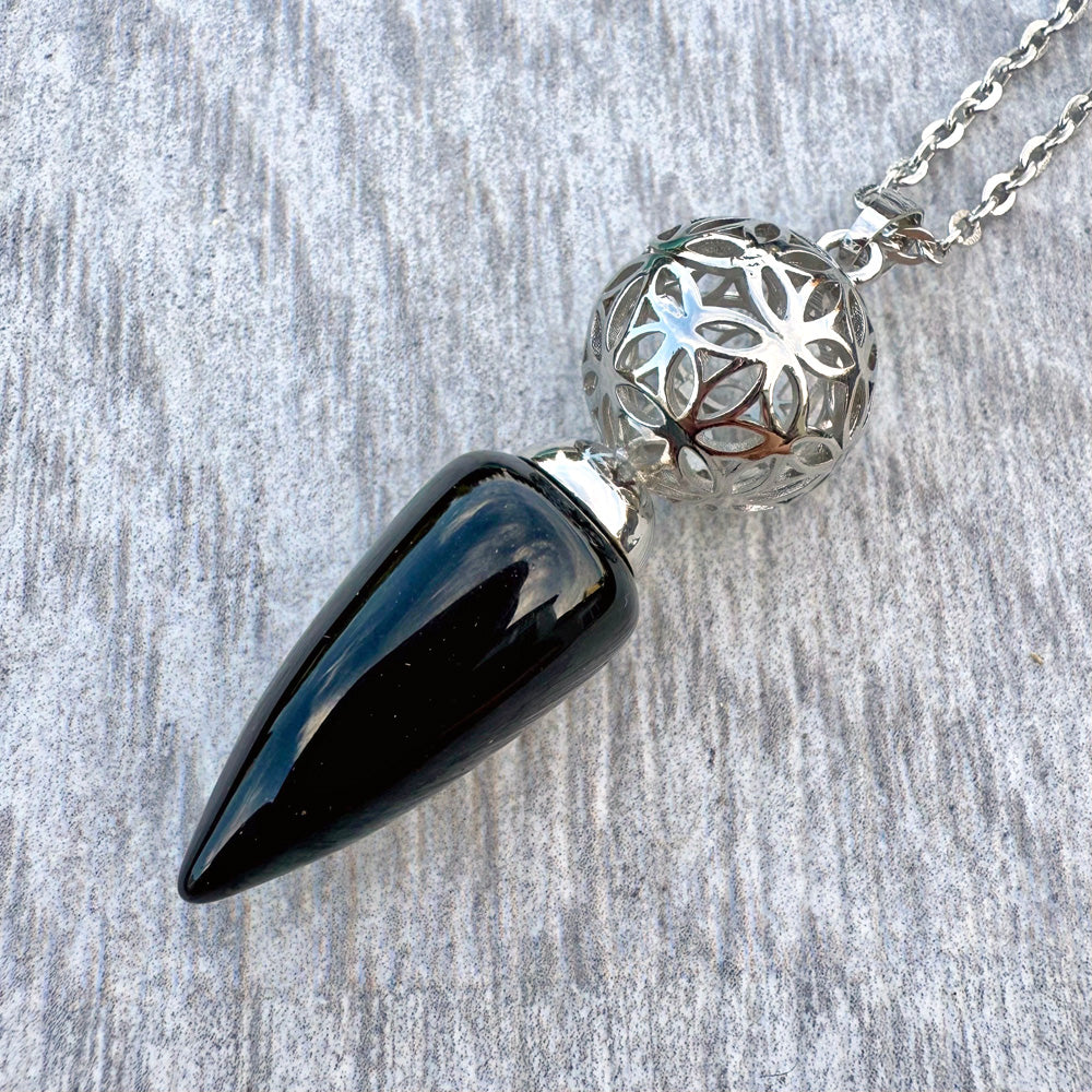 Black Obsidian Flower Filigree Pendulum Pendant Necklace CP-007-K