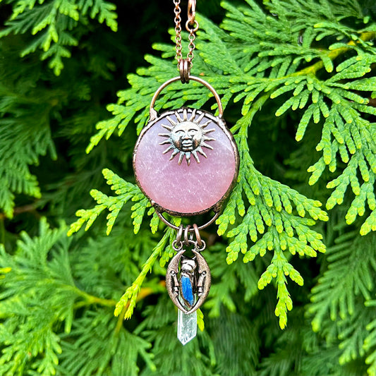 Rose Quartz Sun and Moon Medallion Copper Pendant Necklace EP-012