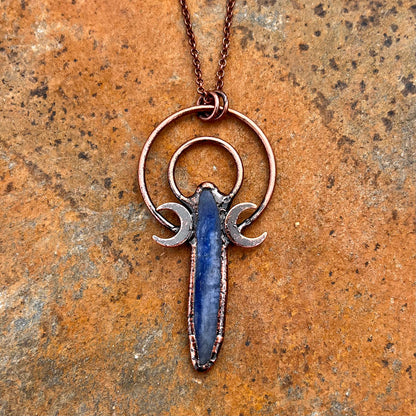 Kyanite Double Crescent Moon Antiqued Copper Pendant Necklace EP-013-A