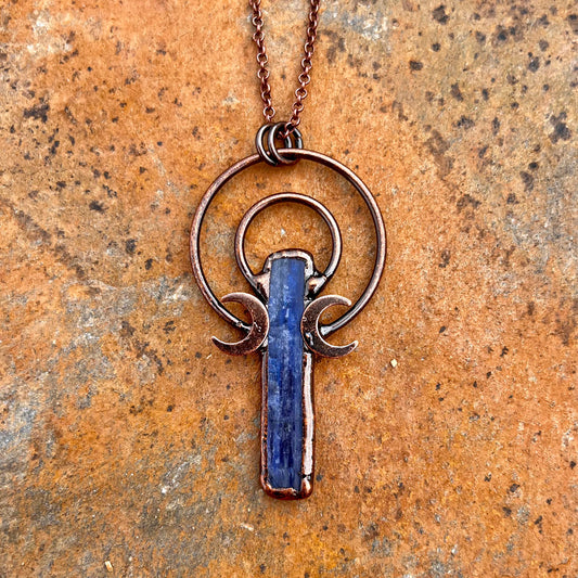 Kyanite Double Crescent Moon Antiqued Copper Pendant Necklace EP-013-E