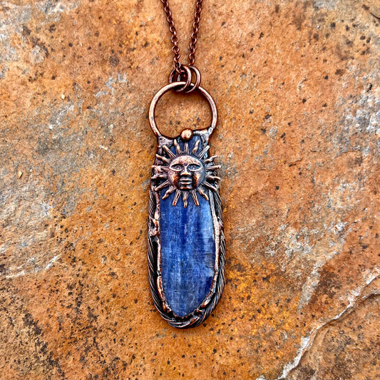 Kyanite Sun Symbol Antiqued Copper Pendant Necklace EP-014-A