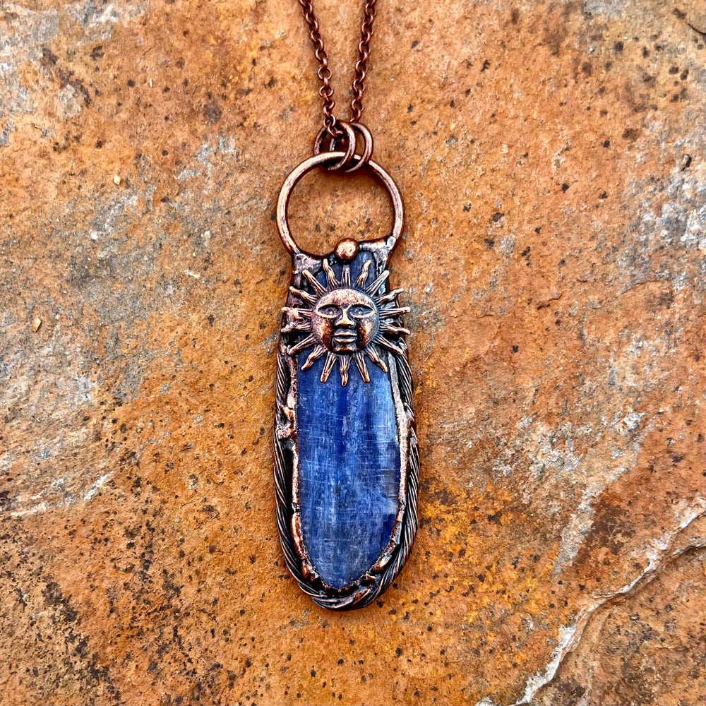 Kyanite Sun Symbol Antiqued Copper Pendant Necklace EP-014-A