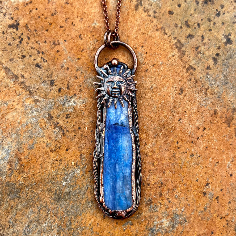 Kyanite Sun Symbol Antiqued Copper Pendant Necklace EP-014-B