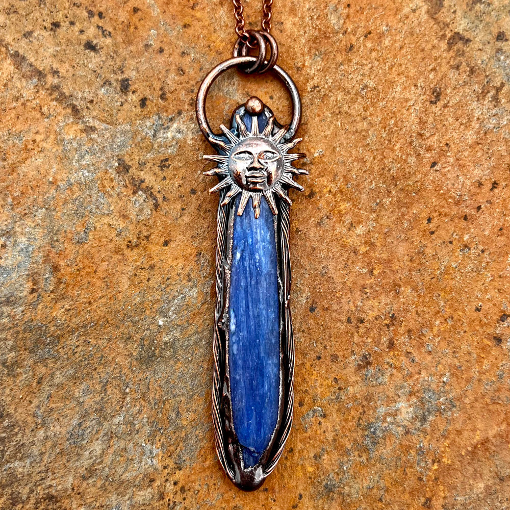 Kyanite Sun Symbol Antiqued Copper Pendant Necklace EP-014-C