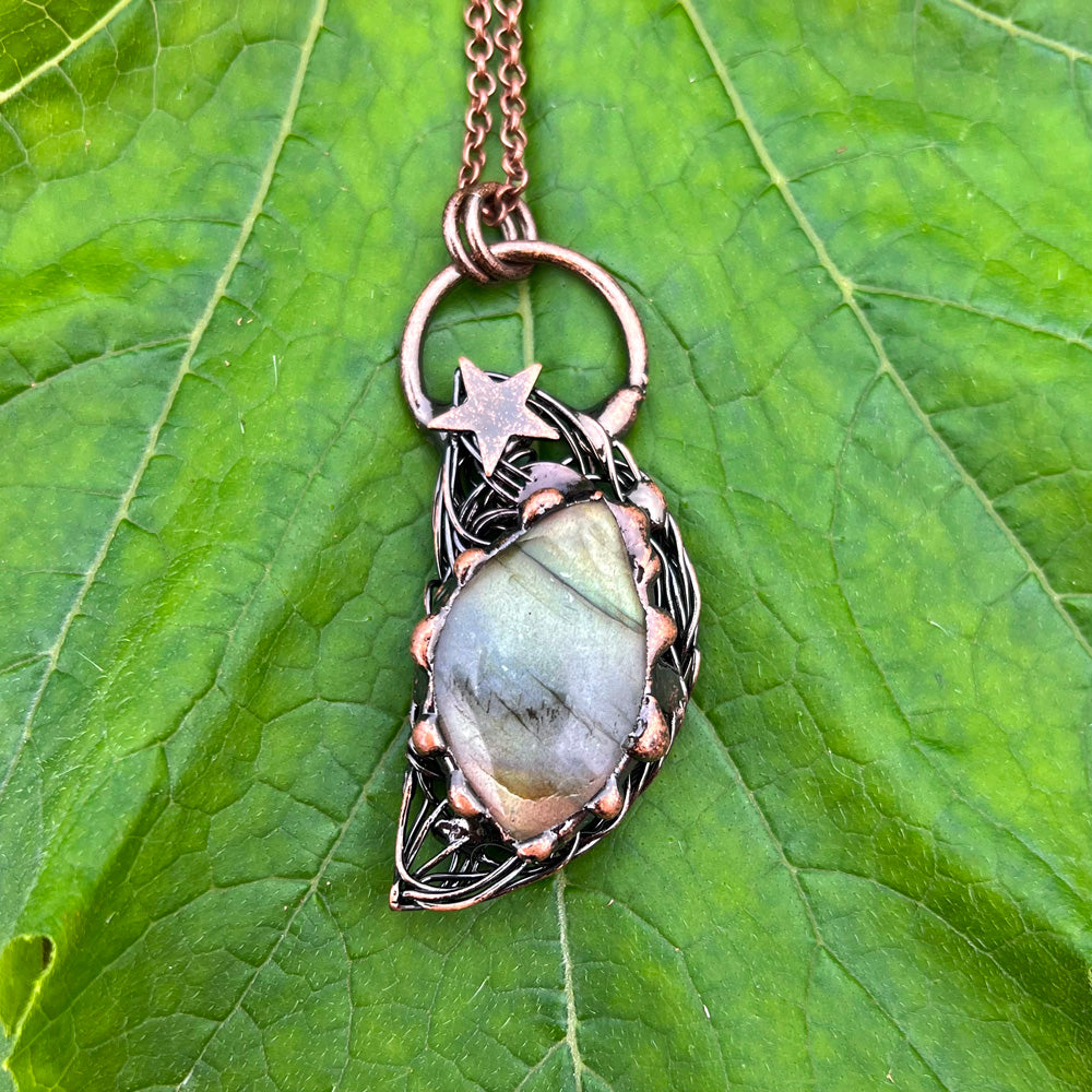 Labradorite Half-Moon Antiqued Copper Pendant Necklace EP-016-A