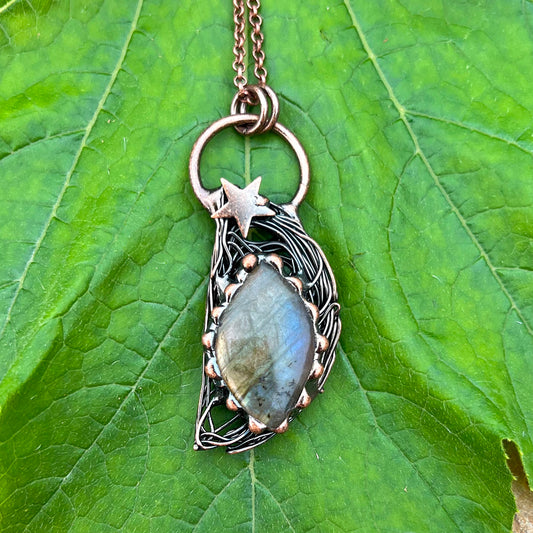 Labradorite Half-Moon Antiqued Copper Pendant Necklace EP-016-C