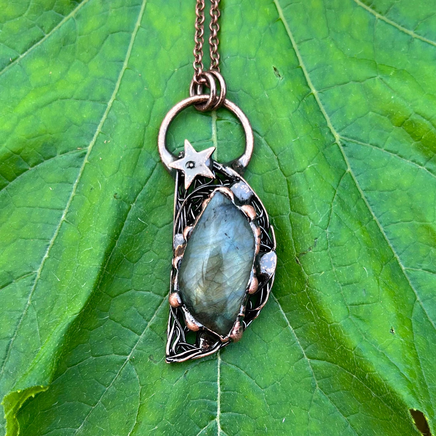 Labradorite Half-Moon Antiqued Copper Pendant Necklace EP-016-T
