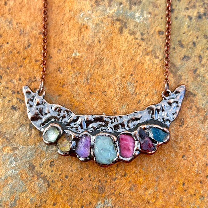 Multi-Gemstone Cheshire Crescent Moon Antiqued Copper Pendant Necklace EP-017-B
